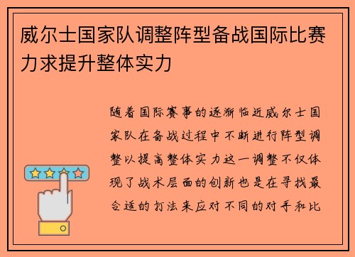 威尔士国家队调整阵型备战国际比赛力求提升整体实力